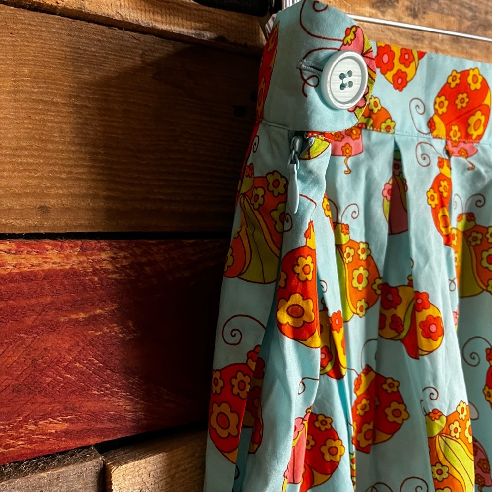 Retro Floral Pleated A-Line Skirt - Light Blue with Orange & Pink Flowers - Picture 5 of 11